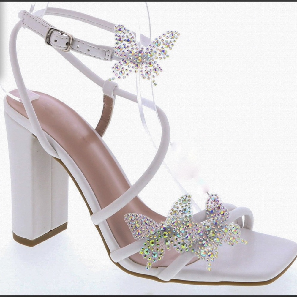 White and Pink Chunky Heels with Crystal Butterfly